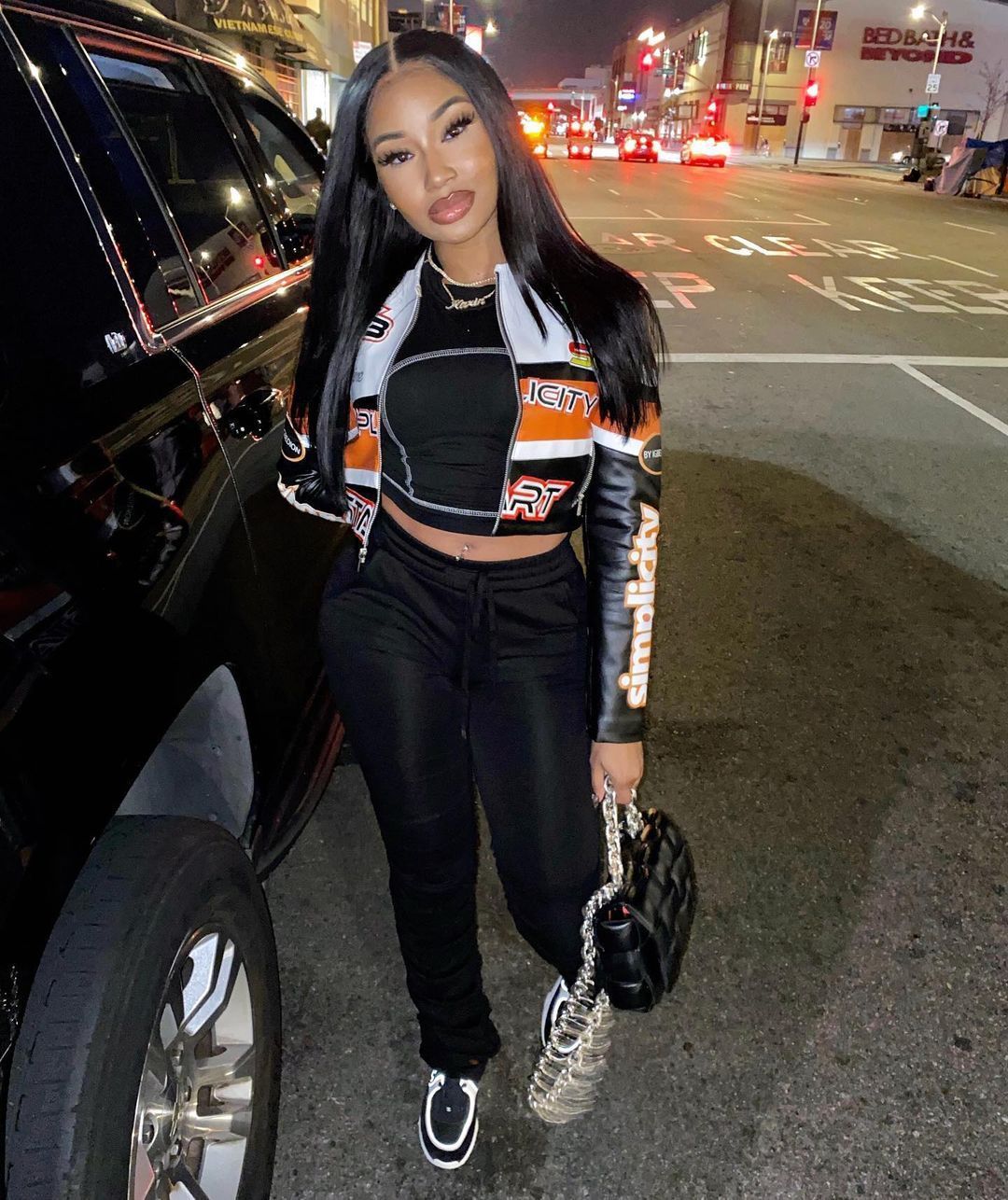 Contrast Color Letter Print Zipper Motorcycle Jacket