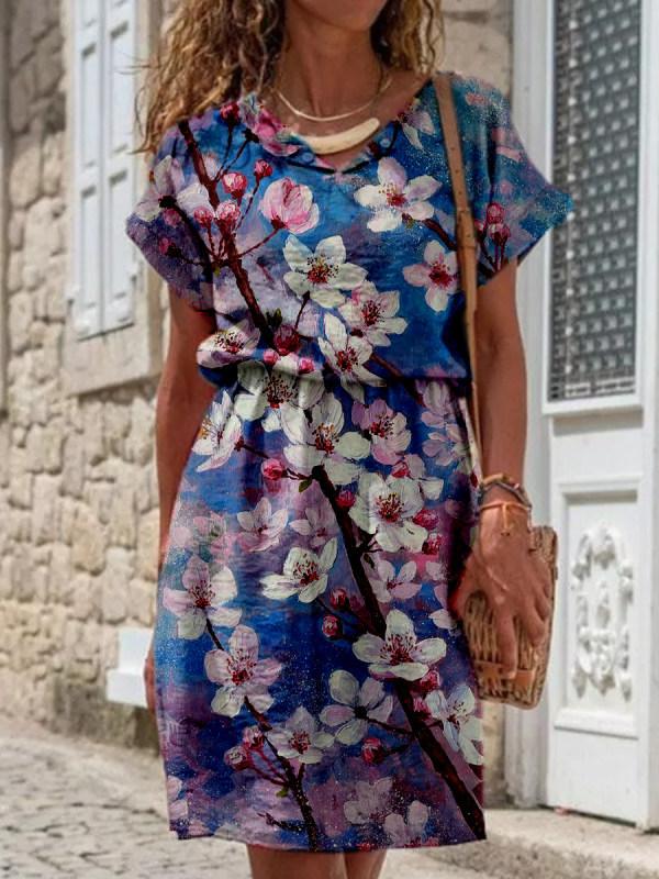 Flower Print V-neckline Loose Dress