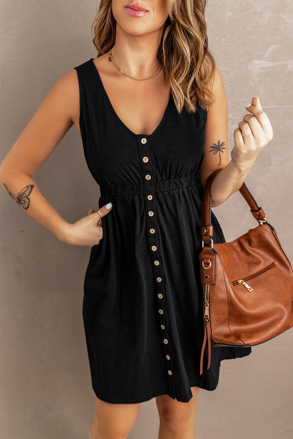 Solid Waist Sleeveless Dress