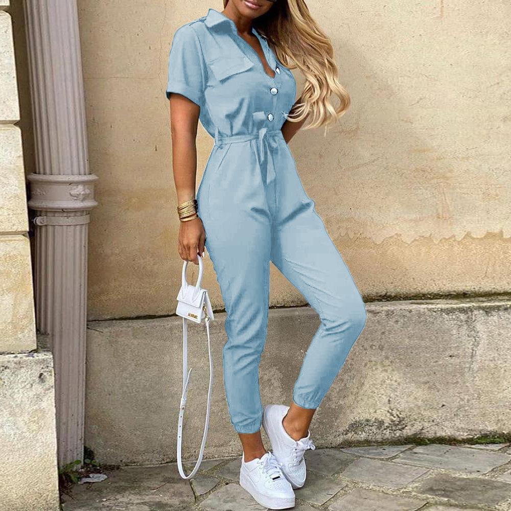 Plain Vacation Lapel Jumpsuit & Romper