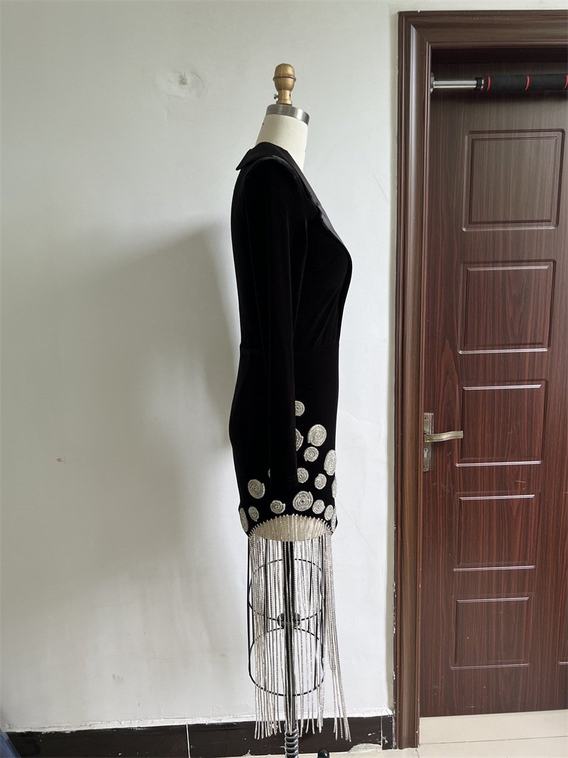 Flash Rhinestone Tassel Deep V Dress