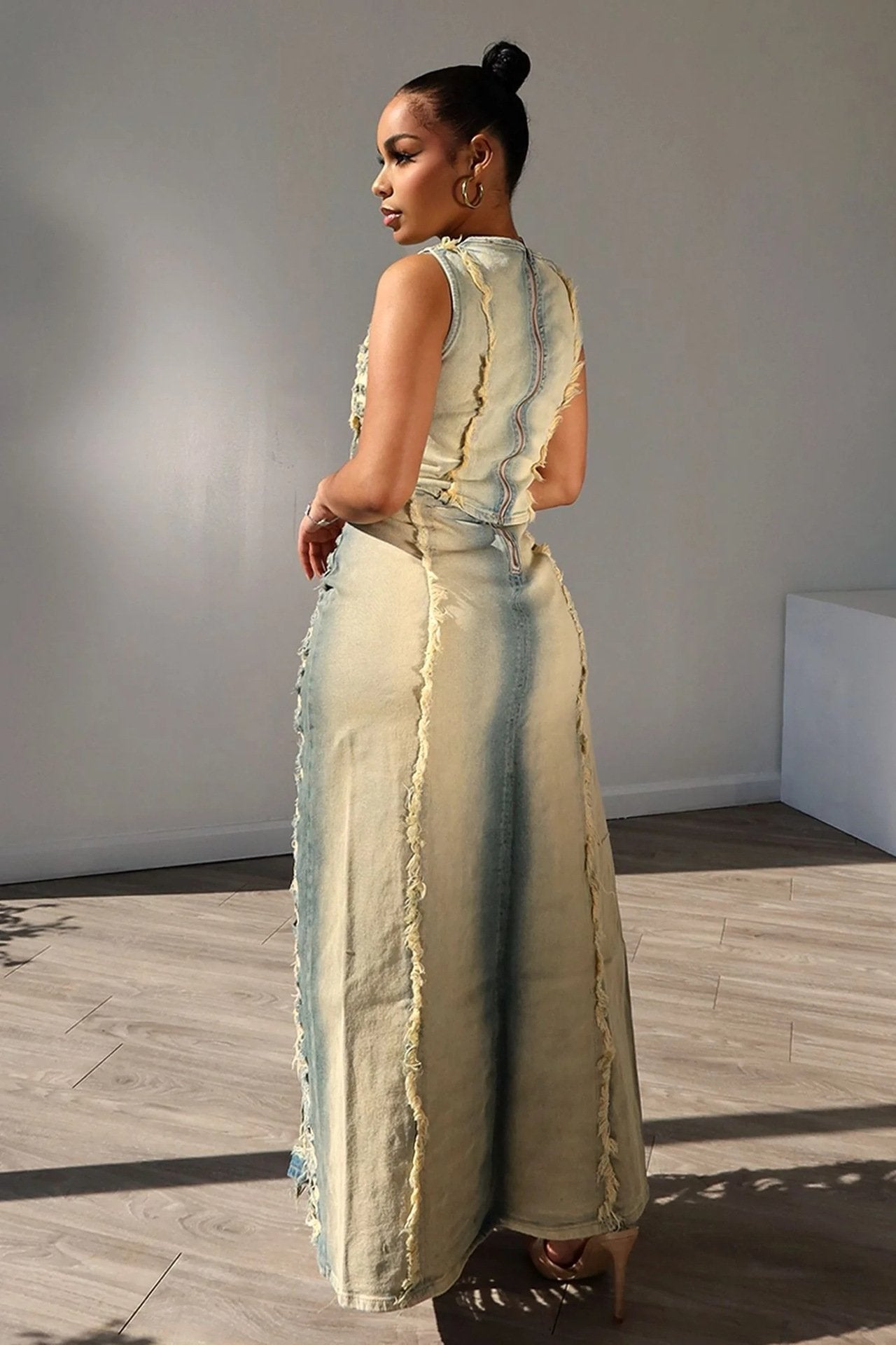 Handmade frayed vest and denim skirt suit