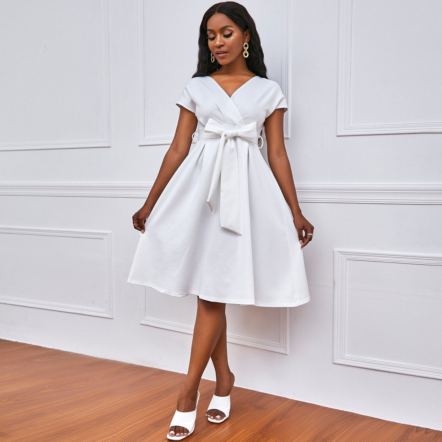 Solid Color Deep V-neck Sexy Dress