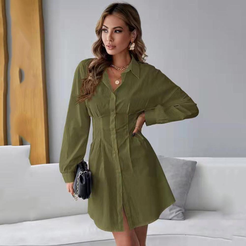 French Lapel Button Pleated Dress