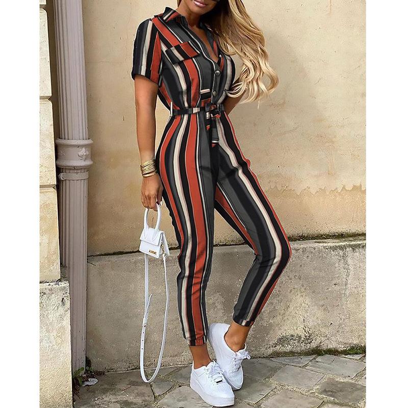 Plain Vacation Lapel Jumpsuit & Romper