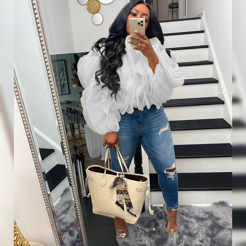 Layered Fluffy Petal Chiffon Long Sleeve Top