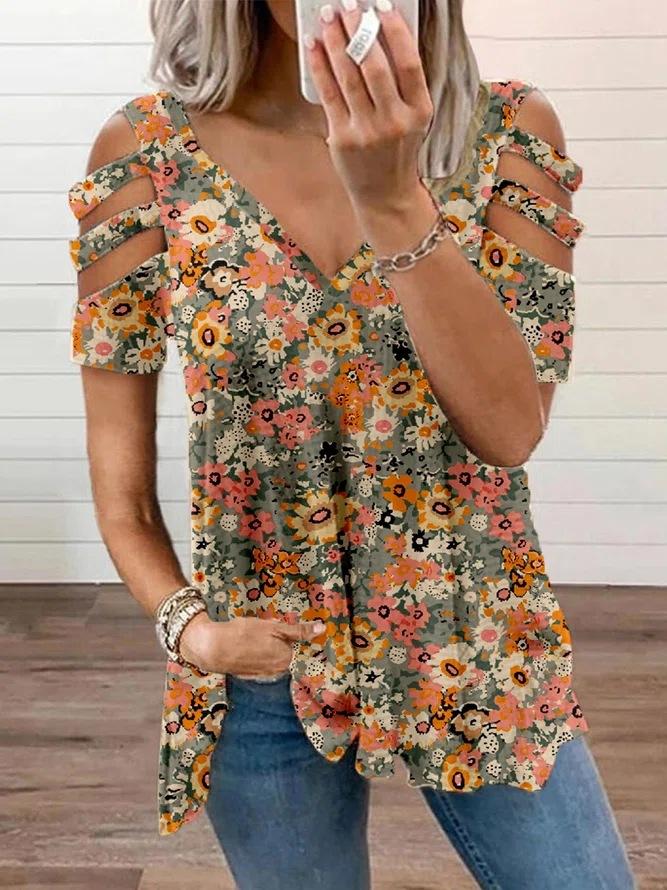 Happy 90s Retro Flower Garden Caged Sleeve Top