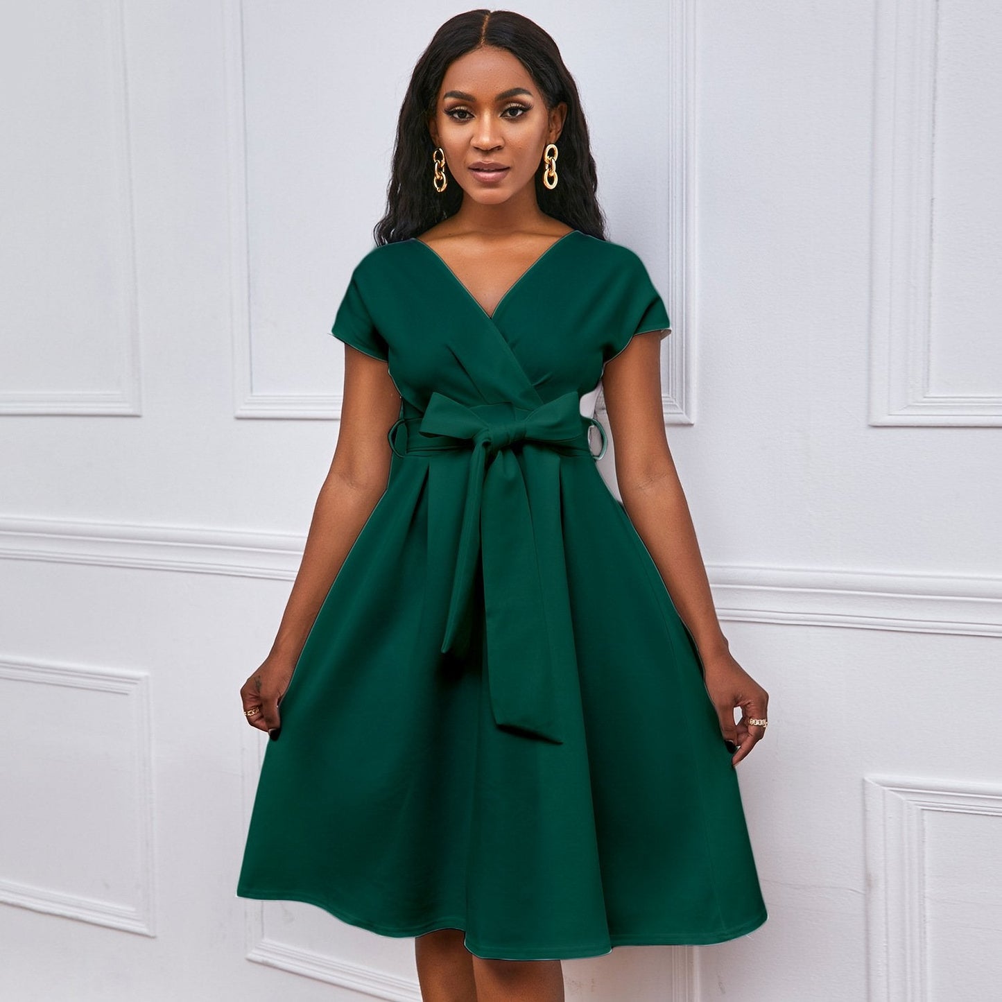 Solid Color Deep V-neck Sexy Dress