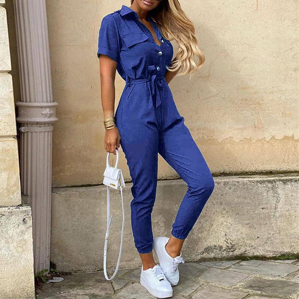 Plain Vacation Lapel Jumpsuit & Romper