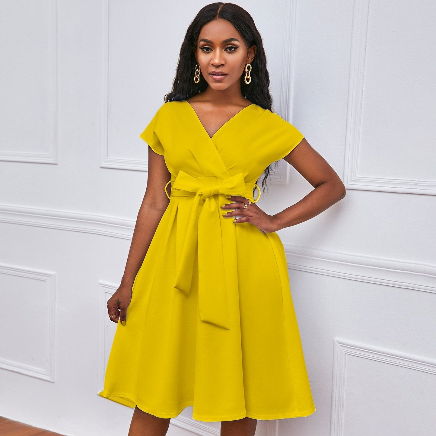 Solid Color Deep V-neck Sexy Dress