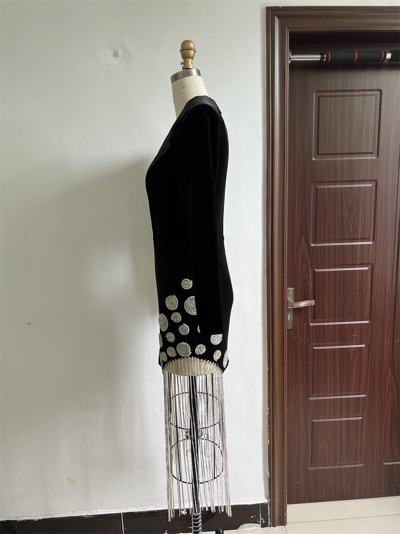Flash Rhinestone Tassel Deep V Dress