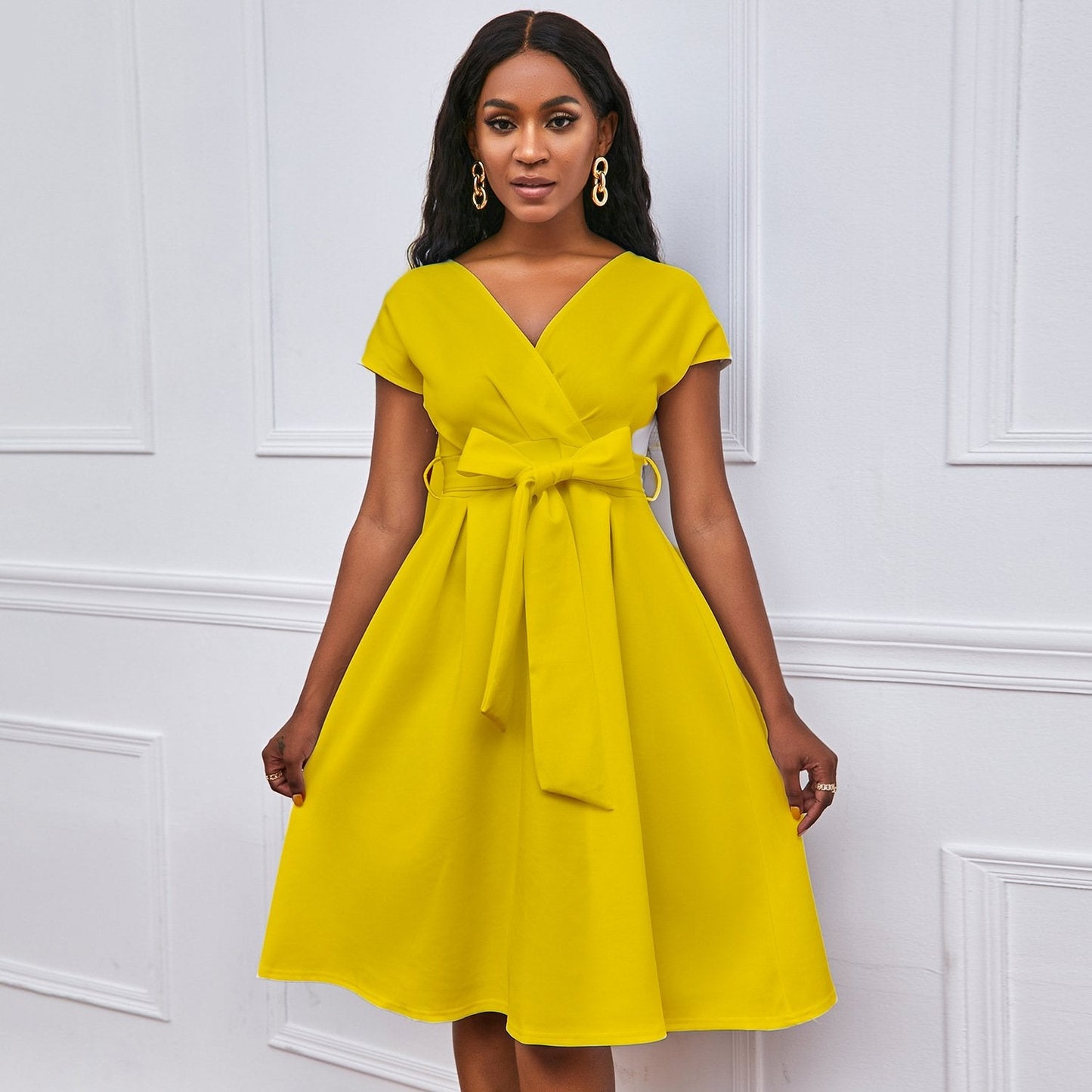Solid Color Deep V-neck Sexy Dress