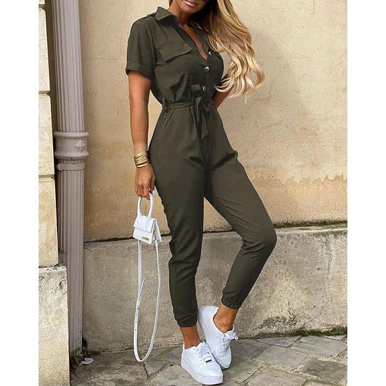 Plain Vacation Lapel Jumpsuit & Romper