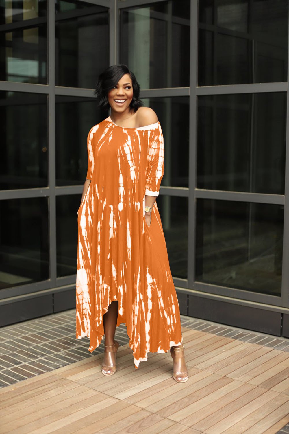 Wide Neck Tie Dyed Dress With Pockets