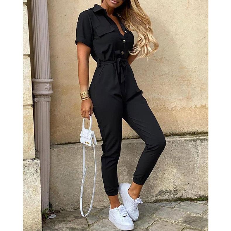 Plain Vacation Lapel Jumpsuit & Romper