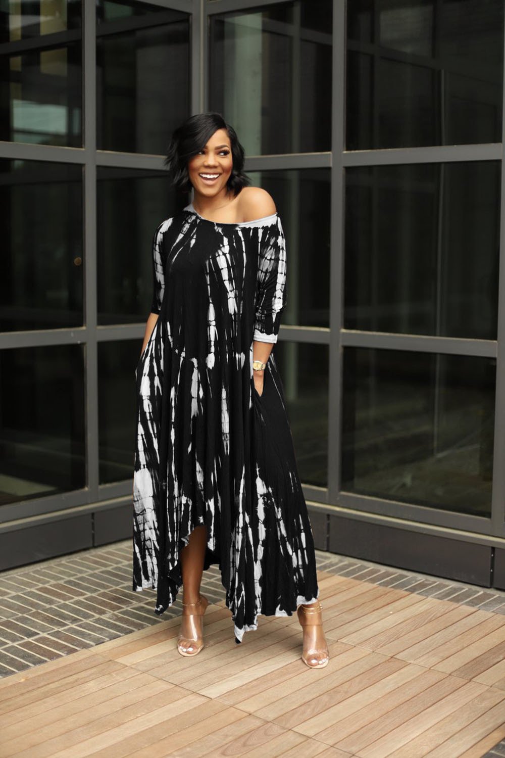 Wide Neck Tie Dyed Dress With Pockets