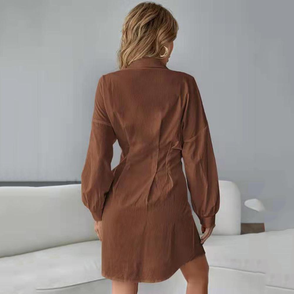 French Lapel Button Pleated Dress