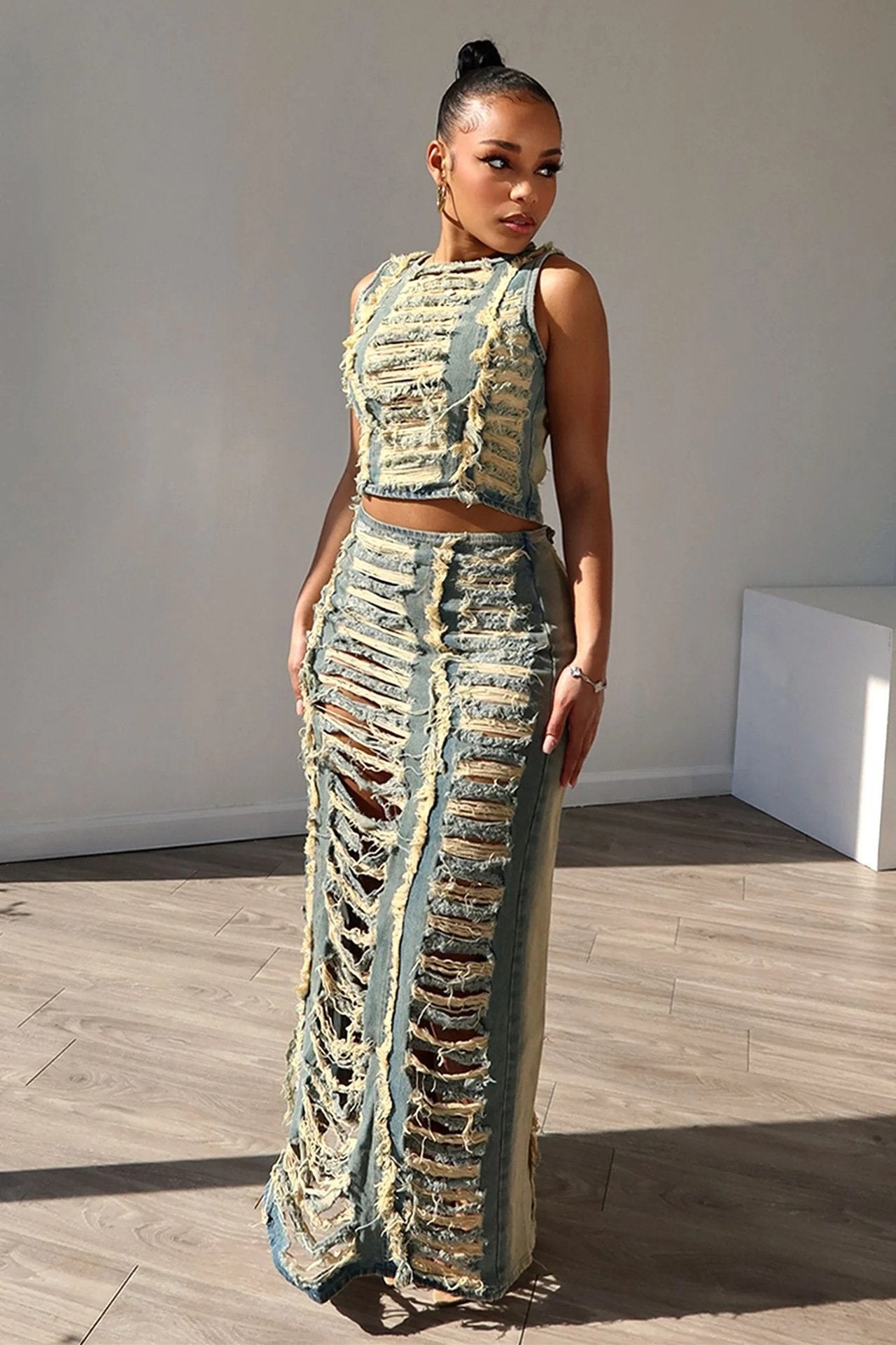 Handmade frayed vest and denim skirt suit