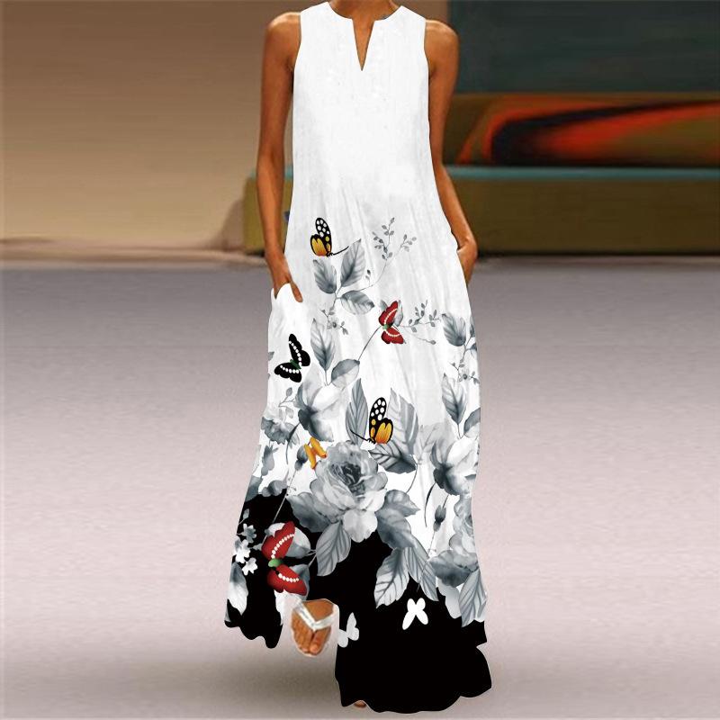 Butterfly Print Sleeveless V-neck Dress