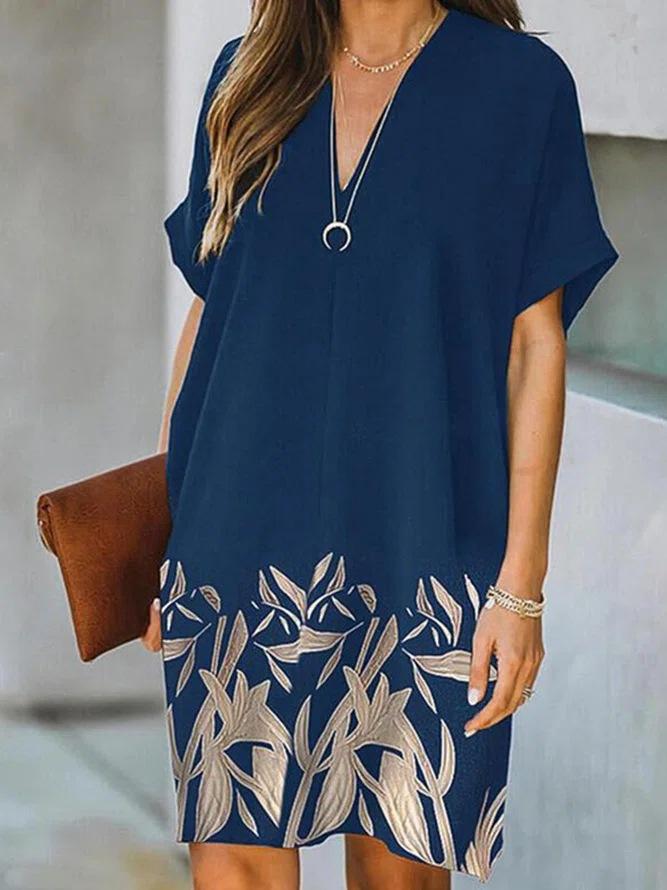 Print Pullover V-neck Loose Dress