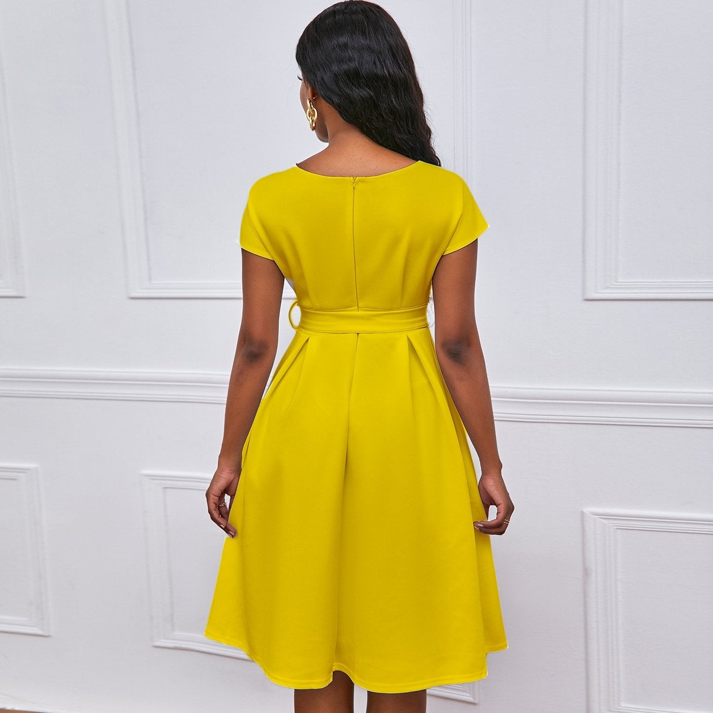 Solid Color Deep V-neck Sexy Dress