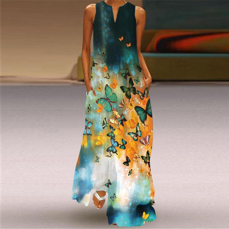 Butterfly Print Sleeveless V-neck Dress