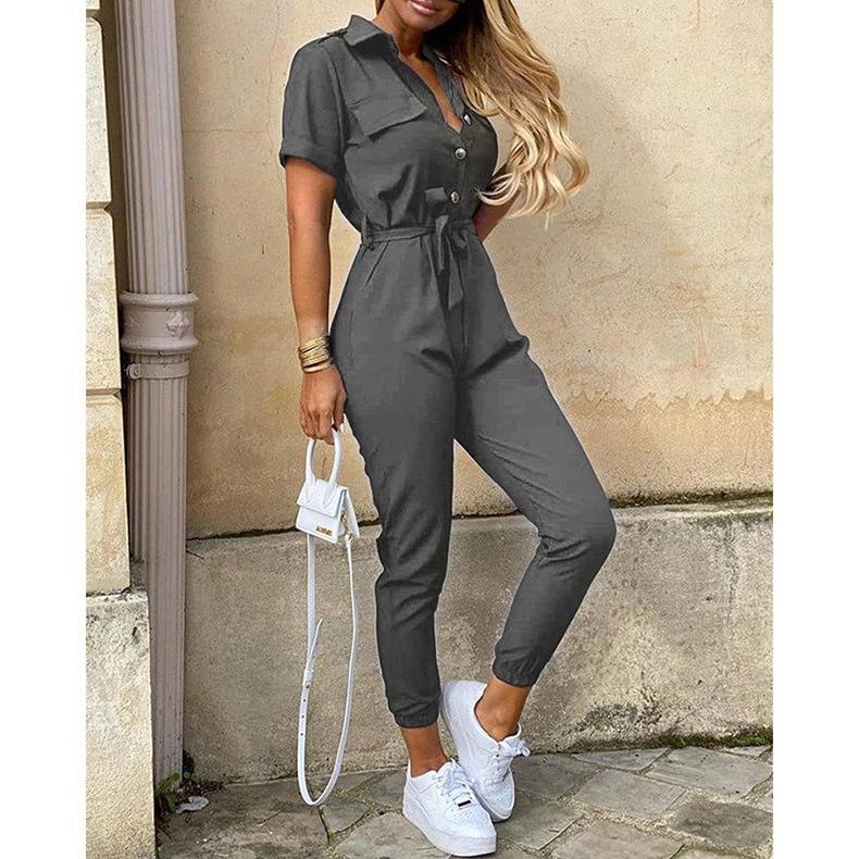 Plain Vacation Lapel Jumpsuit & Romper