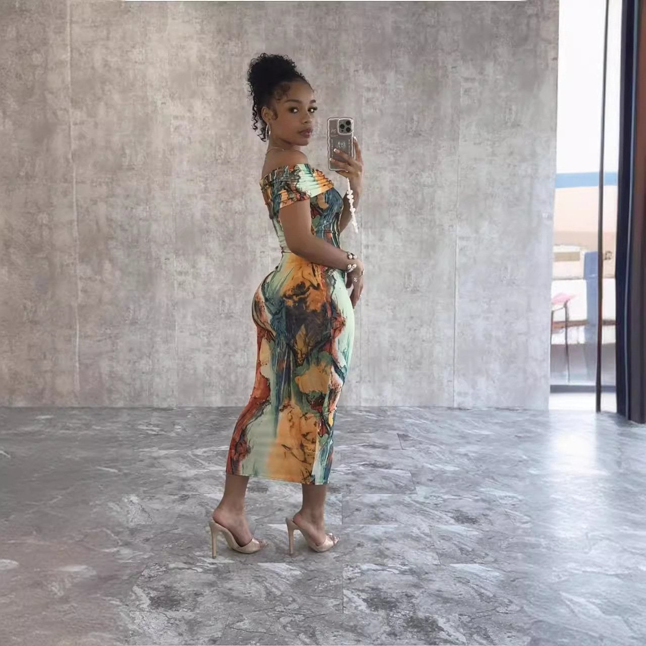 Variegated one-shoulder fashion statement dress