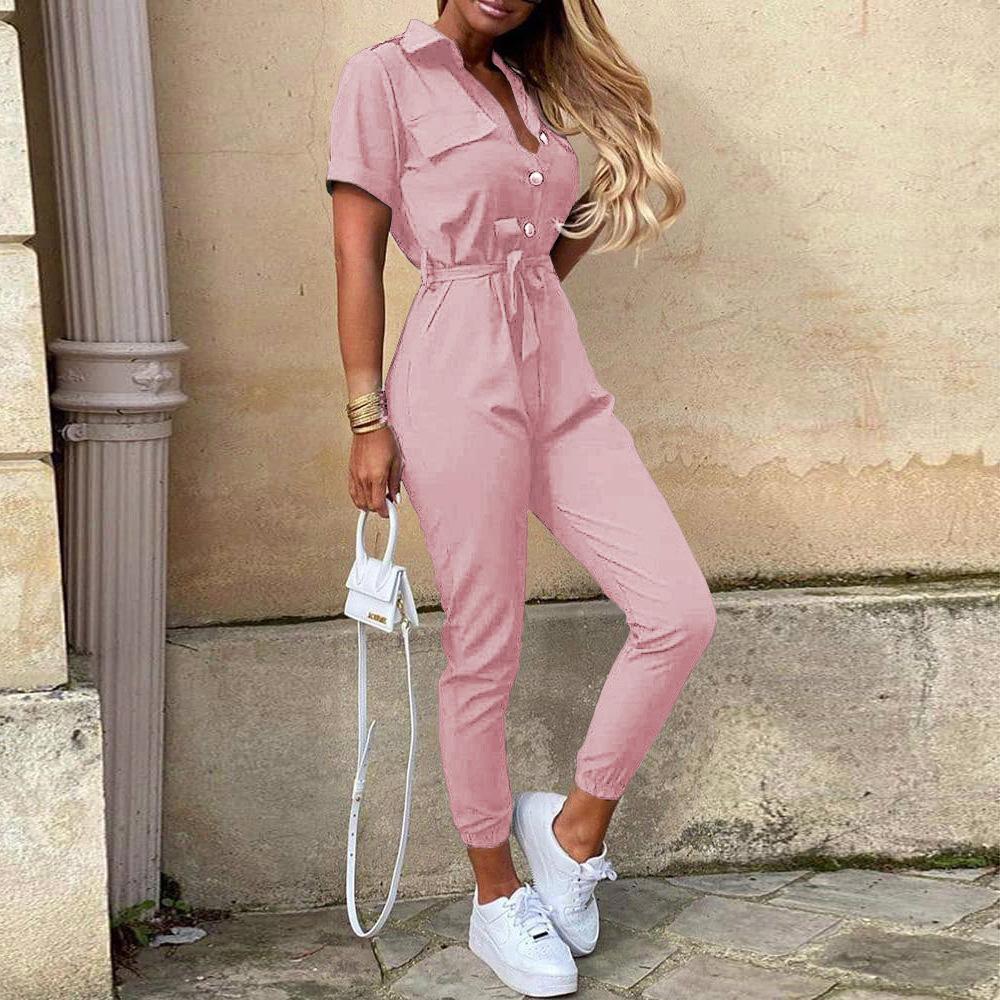Plain Vacation Lapel Jumpsuit & Romper