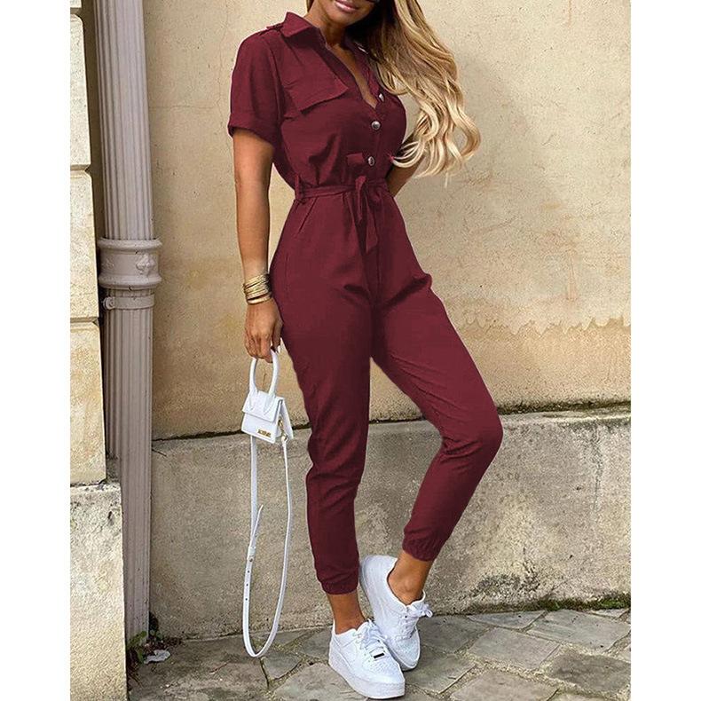 Plain Vacation Lapel Jumpsuit & Romper