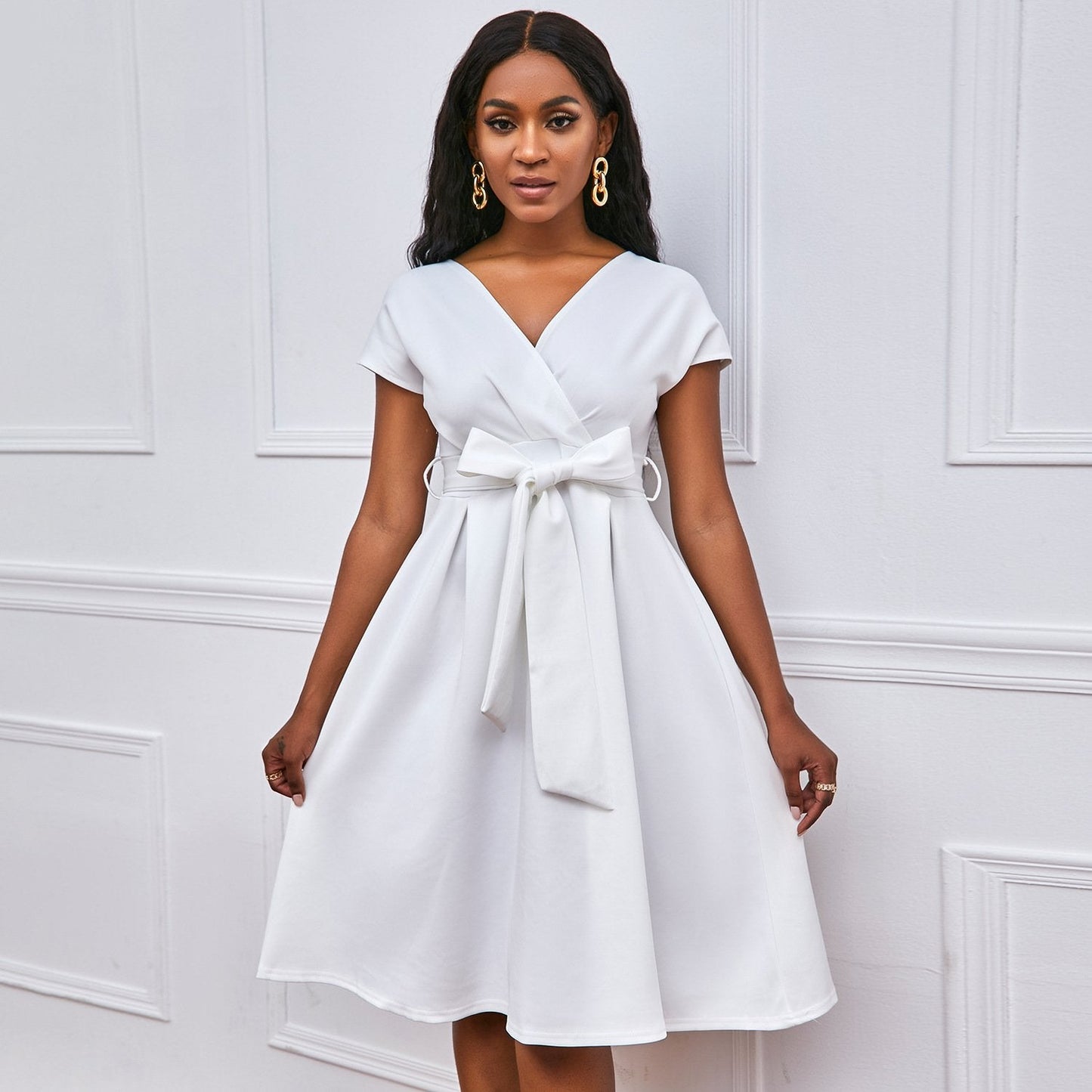 Solid Color Deep V-neck Sexy Dress