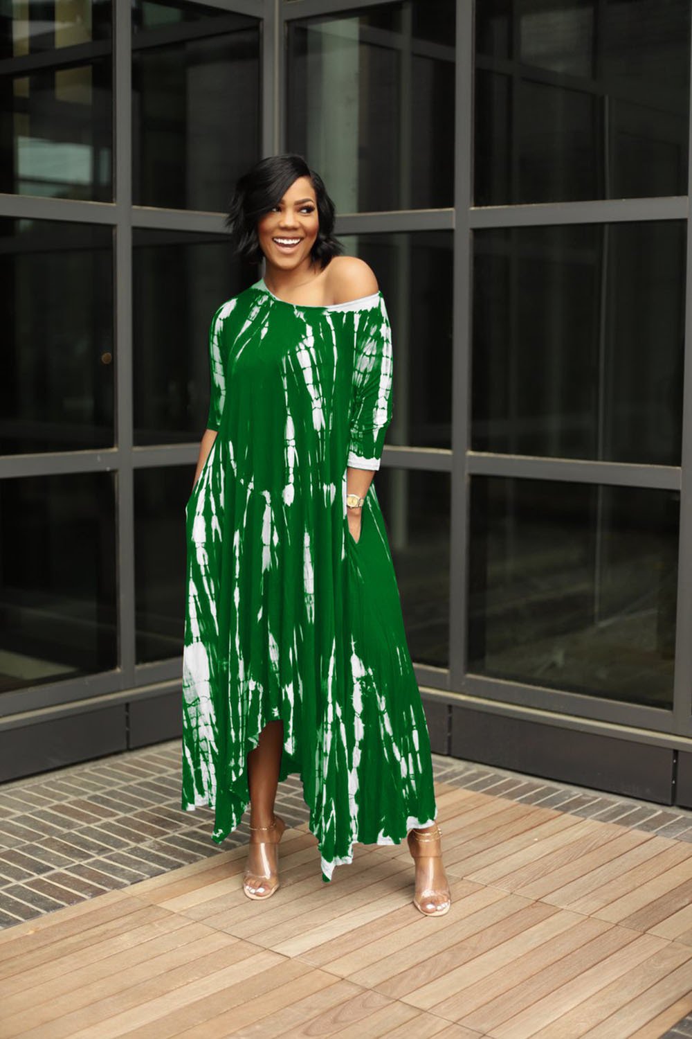 Wide Neck Tie Dyed Dress With Pockets