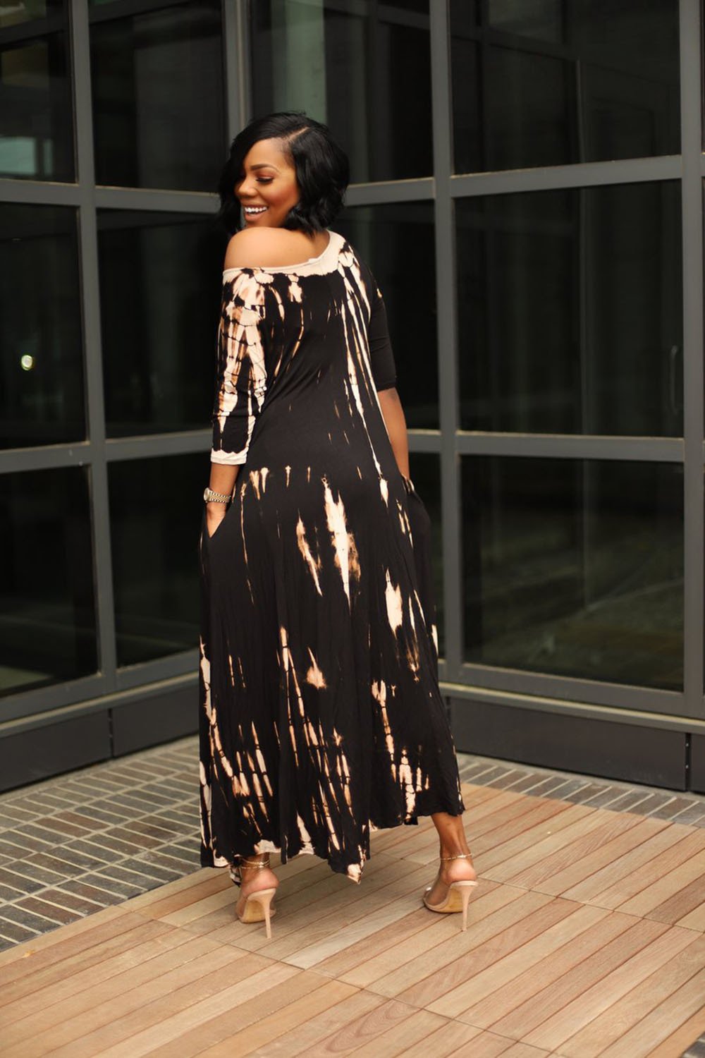 Wide Neck Tie Dyed Dress With Pockets