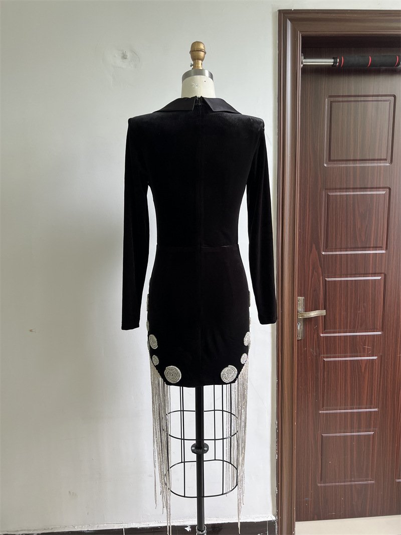 Flash Rhinestone Tassel Deep V Dress