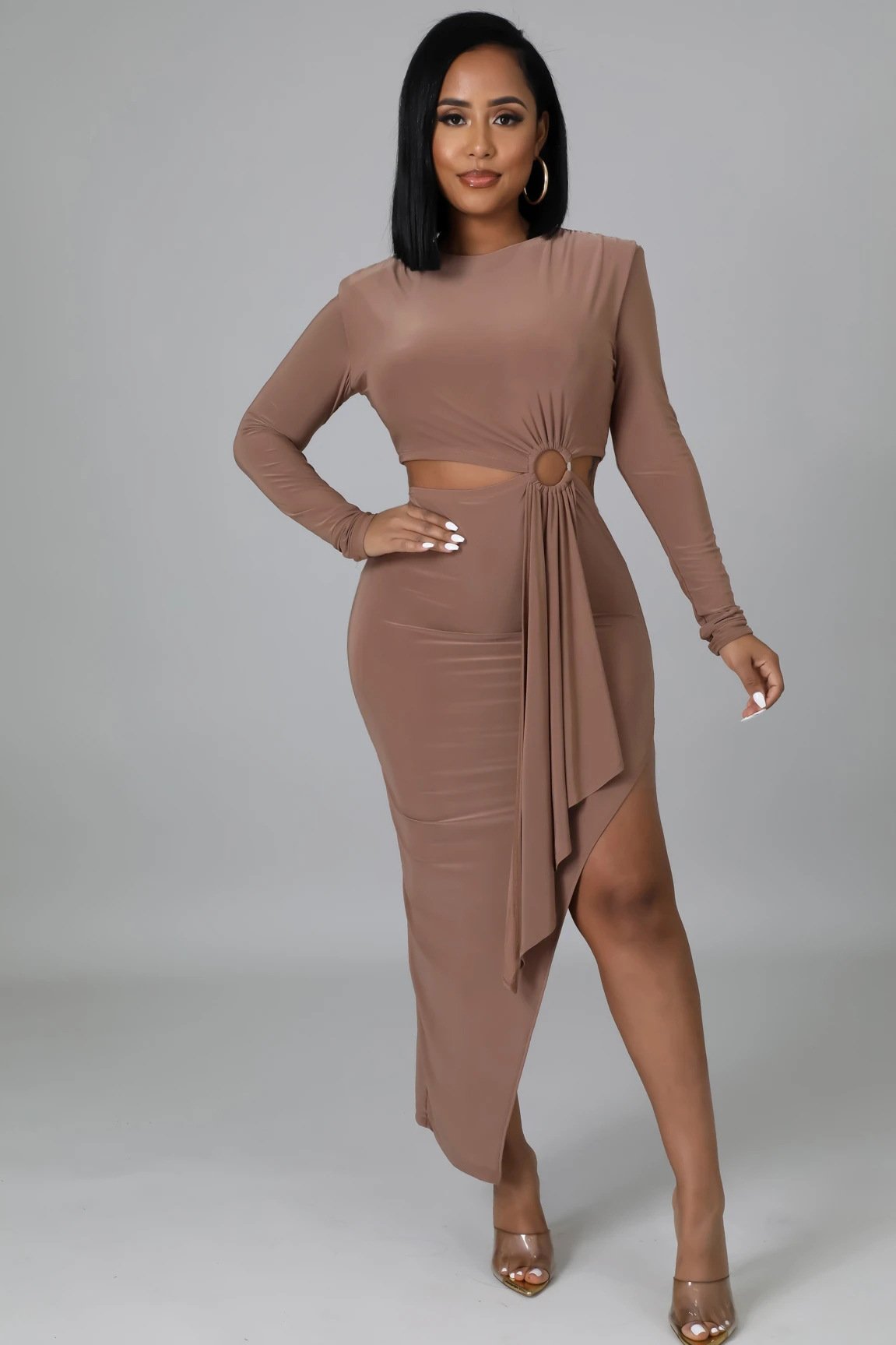 Solid Color Long Sleeve Irregular Waist Dress