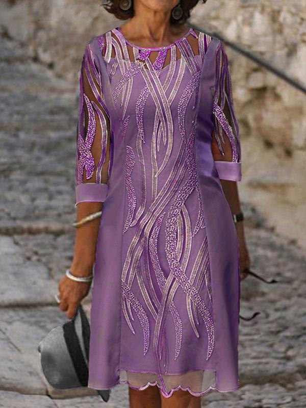 Round Neck Lace Splicing 5-sleeve Dress