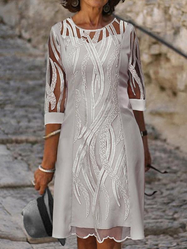 Round Neck Lace Splicing 5-sleeve Dress