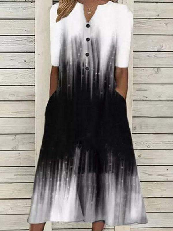 Print V-Neck 3/4 Sleeve Midi Dress