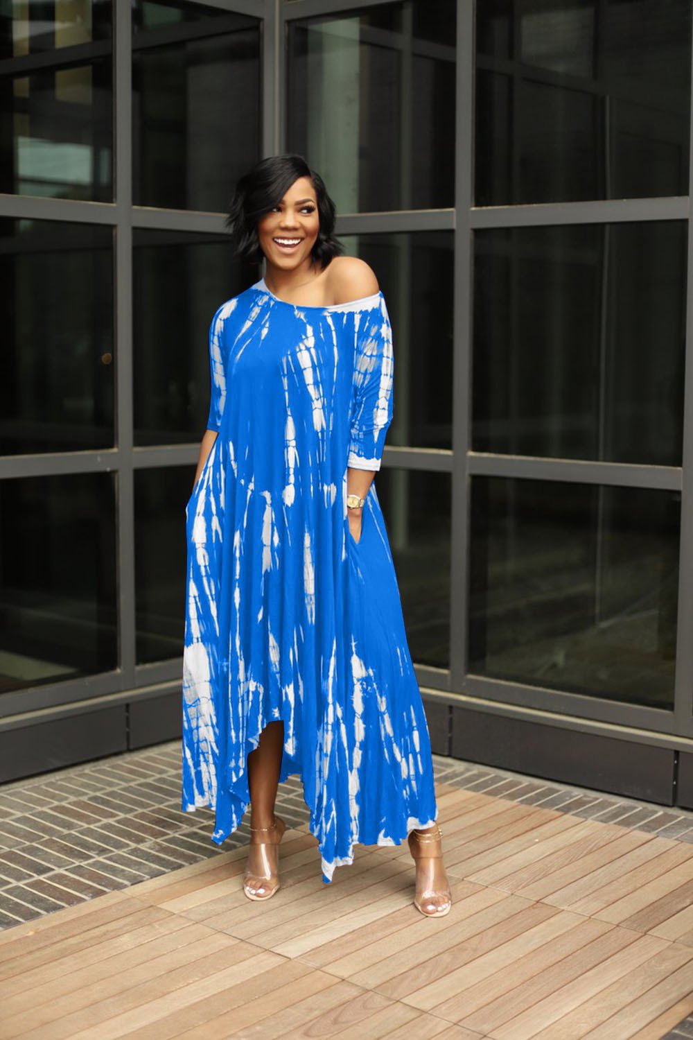 Wide Neck Tie Dyed Dress With Pockets