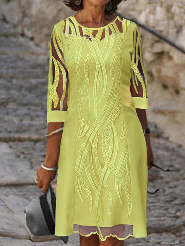 Round Neck Lace Splicing 5-sleeve Dress