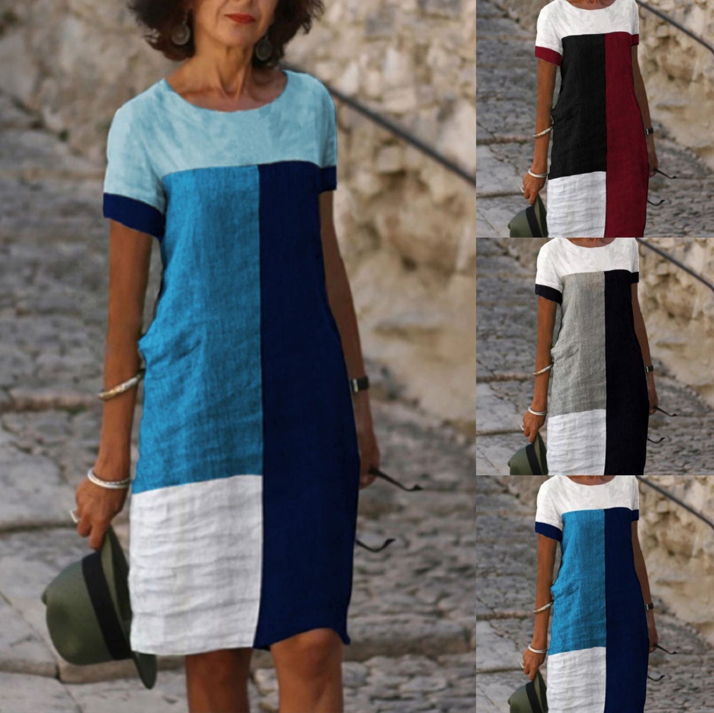 Plaid Print Splicing Short-sleeved Dress