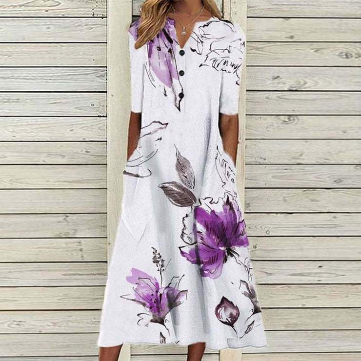 Print V-Neck 3/4 Sleeve Midi Dress