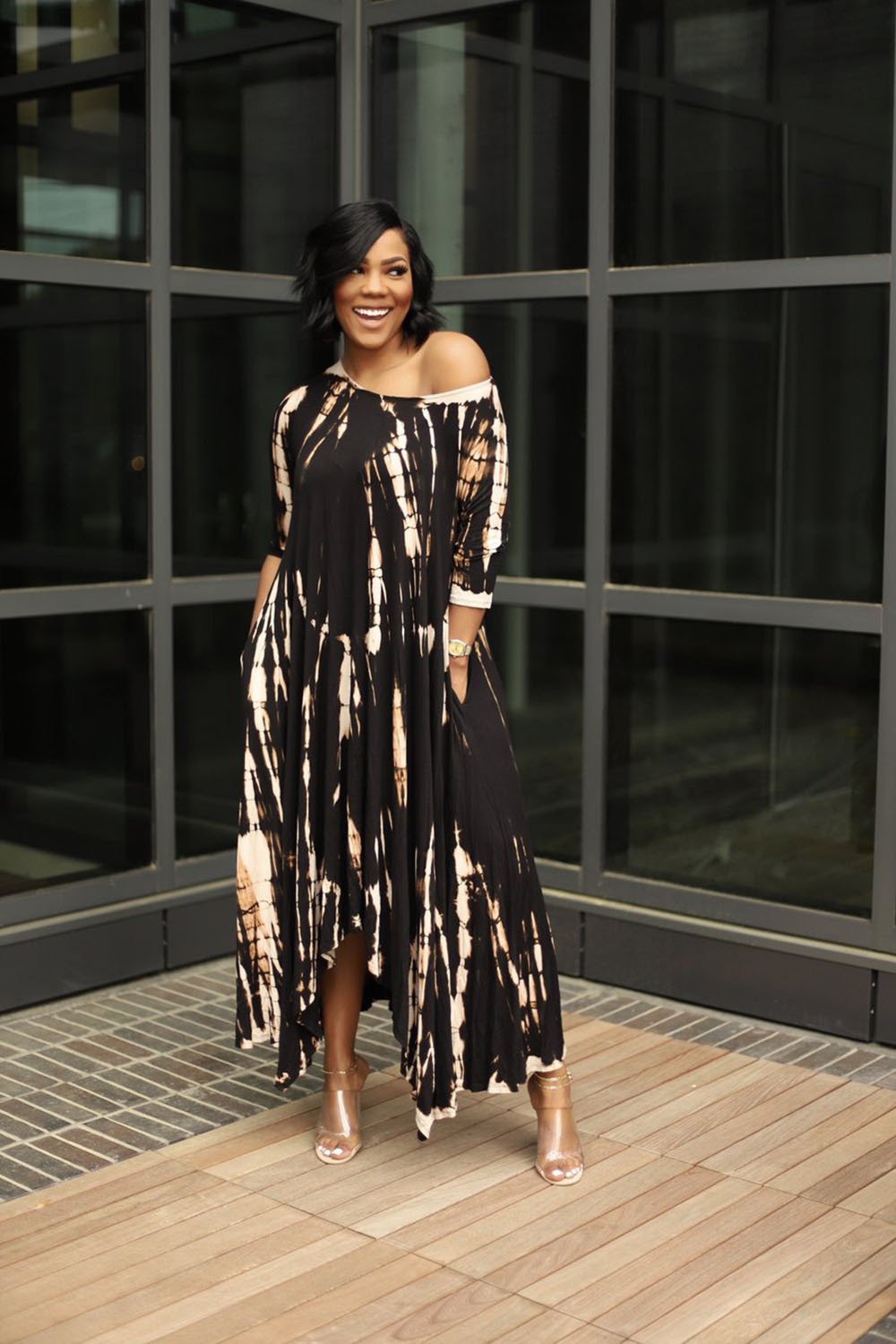 Wide Neck Tie Dyed Dress With Pockets