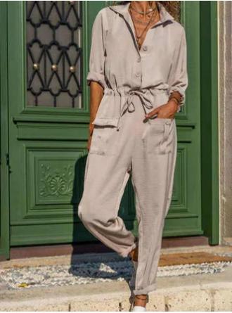 Plain Vacation Lapel Jumpsuit & Romper