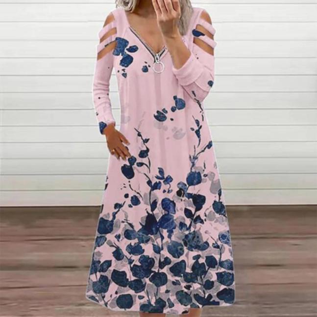 Chic Pink Print Long Sleeve Midi Dress