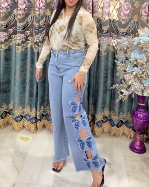 New Embroidered Butterfly Trendy Denim Pants