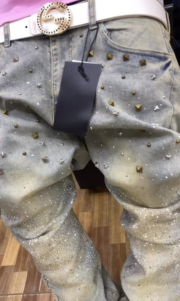 Men's Distressed Crystal Rhinestones Jeans