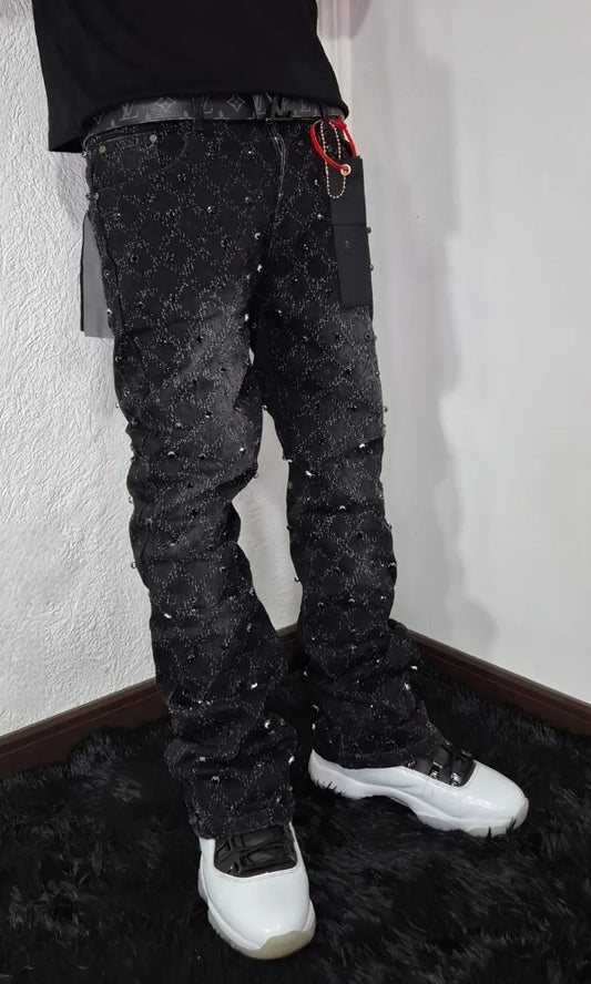 Black Trendy Stretch Rhinestone Jeans