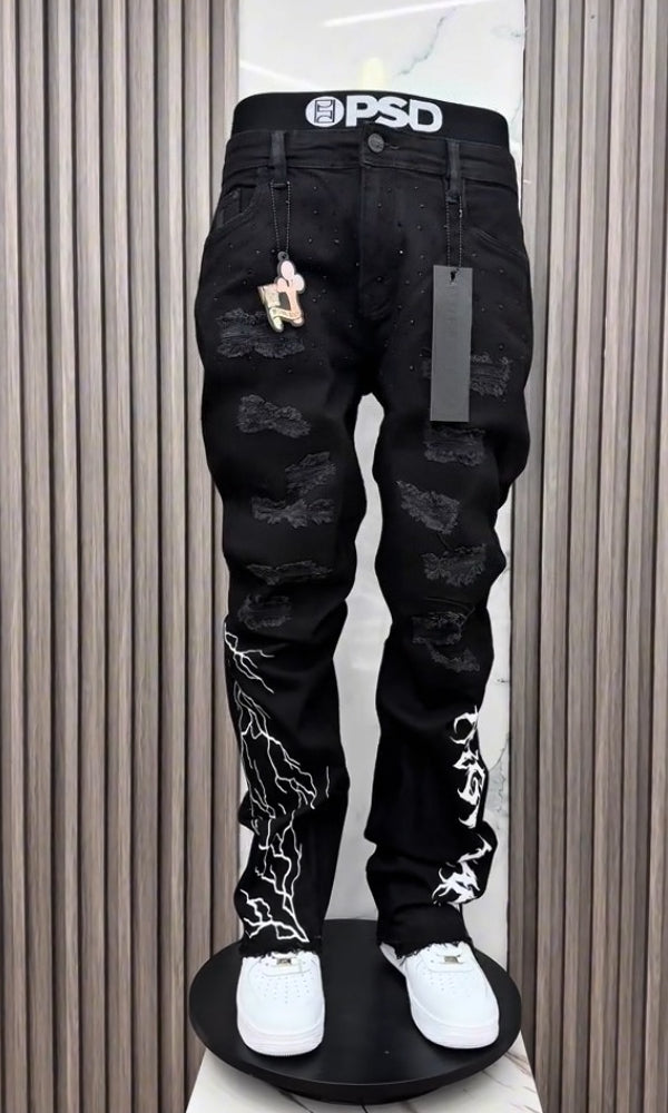 Black Rhinestone Lightning & Letter Casual Jeans