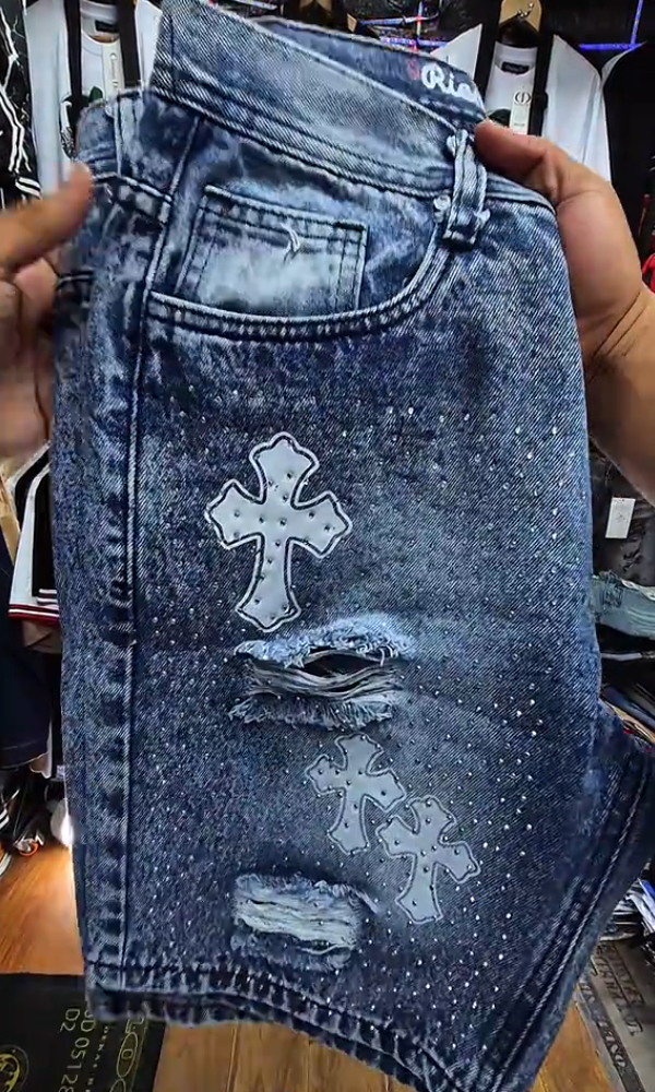 Men's Cross Ripped Denim Shorts